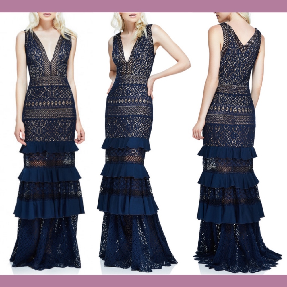 LIKE NEW Tadashi Shoji Charlot V-Neck Lace gown 16 blue WORN ONCE